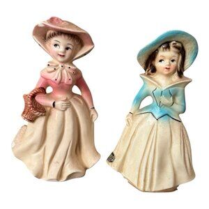 Vintage SONSCO Figurines Girls Dress Hat Pink And Blue Ceramic Japan Set of 2